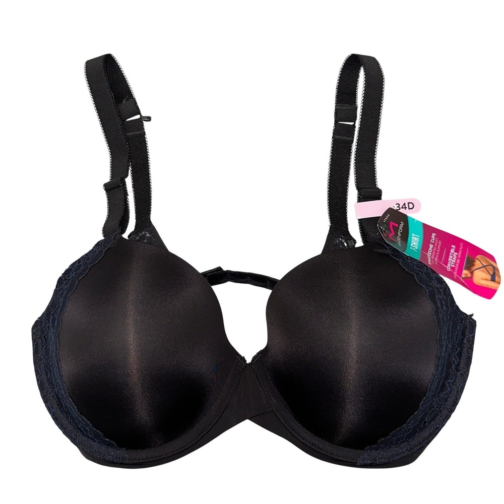 Maidenform T-Shirt Bra Womens 34D Black NEW Lace Trim Convertible‎ Straps DM7543